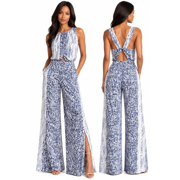 Reiss Pants - Reiss Jumpsuit Ria Printed White Navy Abstract Cutout Wide Leg Size US 6 NEW